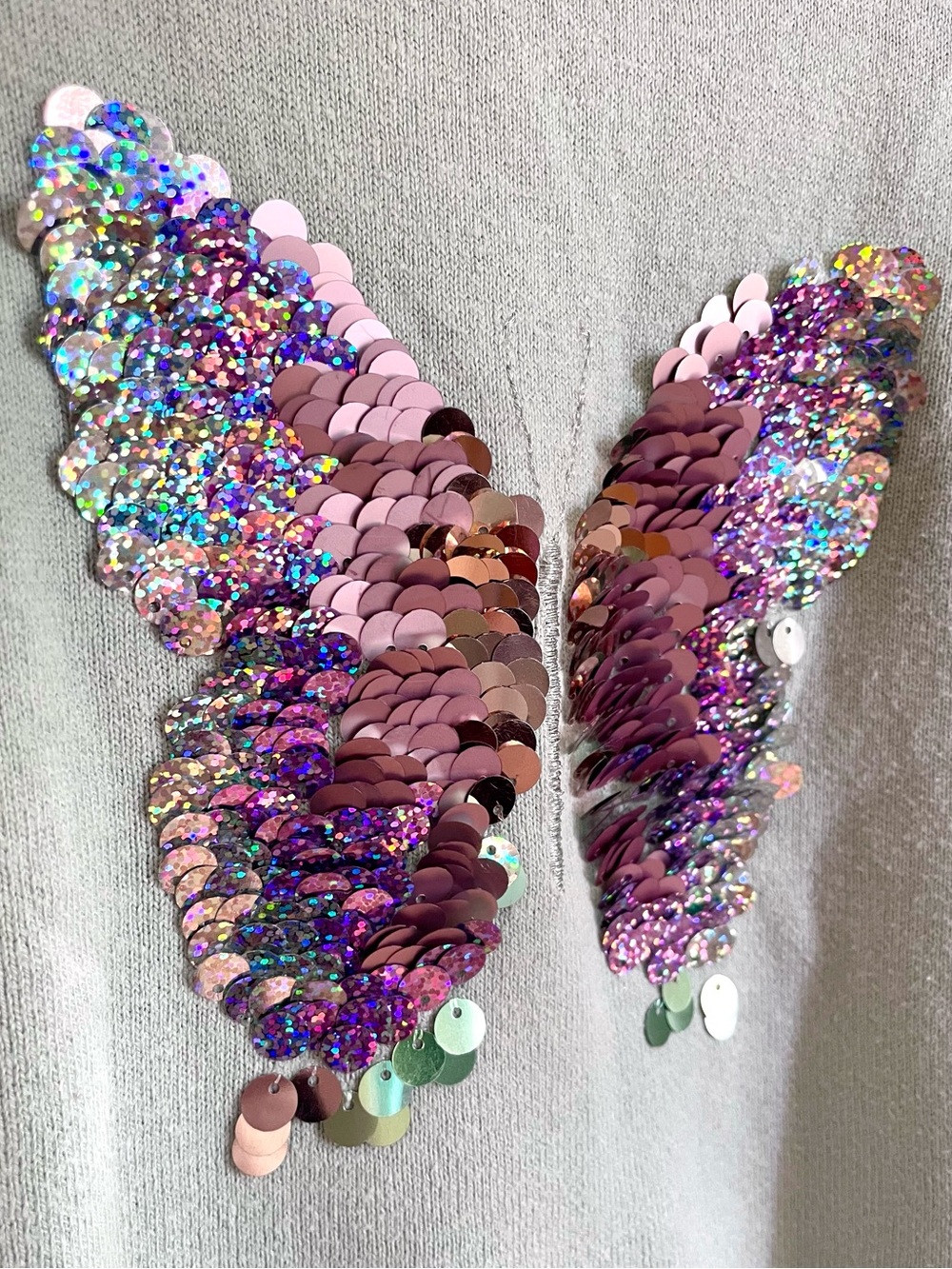 $6 💥🦋Flip Sequins Butterfly Soft Fine-Knit Cotton Sweater, Silver Teal Pink